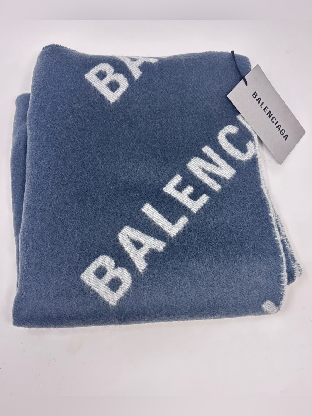 Balenciaga Blue and White Logo Wool Scarf